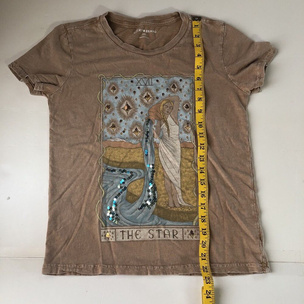 Lucky Brand women’s “the star” tarot card graphic Tee sun faded brown sequin XS - Picture 6 of 14